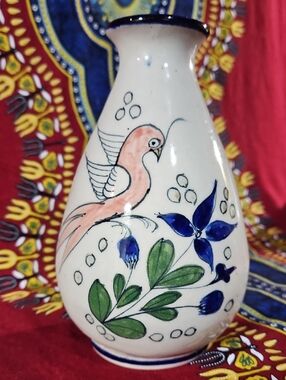 VTG Tonala Mexican Art Pottery Vase - Hand-Painted Bird & Floral Motif